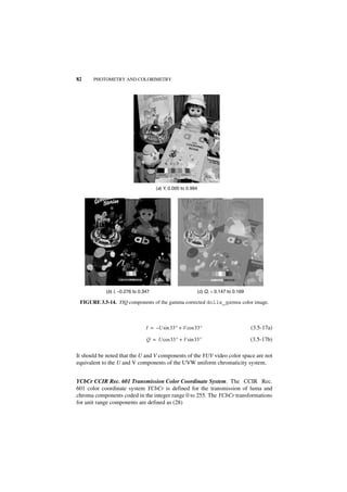 82     PHOTOMETRY AND COLORIMETRY




                                     (a) Y, 0.000 to 0.994




            (b) l, −0.276 to 0.347                       (c) Q, = 0.147 to 0.169

 FIGURE 3.5-14. YIQ components of the gamma corrected dolls_gamma color image.



                                I = – U sin 33° + V cos 33°                        (3.5-17a)

                                Q = U cos 33° + V sin 33°                          (3.5-17b)

It should be noted that the U and V components of the YUV video color space are not
equivalent to the U and V components of the UVW uniform chromaticity system.


YCbCr CCIR Rec. 601 Transmission Color Coordinate System. The CCIR Rec.
601 color coordinate system YCbCr is defined for the transmission of luma and
chroma components coded in the integer range 0 to 255. The YCbCr transformations
for unit range components are defined as (28)
 