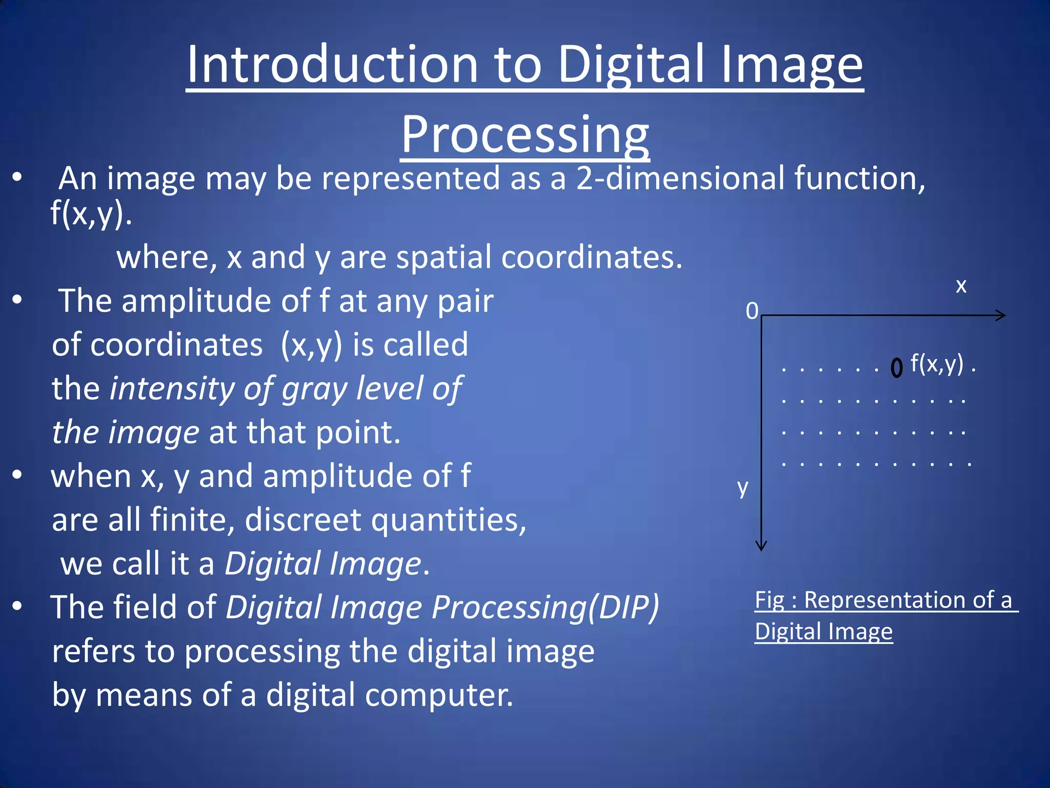 Introduction to Digital Image
                     Processing
• An image may be represented as a 2-dimensional function,
  f(x,y).
       where, x and y are spatial coordinates.
                                                                       x
• The amplitude of f at any pair                0
  of coordinates (x,y) is called                    . . . . . . . f(x,y) .
  the intensity of gray level of                    . . . . . . . . . ..
  the image at that point.                          . . . . . . . . . ..
                                                    . . . . . . . . . . .
• when x, y and amplitude of f                 y
  are all finite, discreet quantities,
   we call it a Digital Image.
• The field of Digital Image Processing(DIP)     Fig : Representation of a
                                                 Digital Image
  refers to processing the digital image
  by means of a digital computer.
 