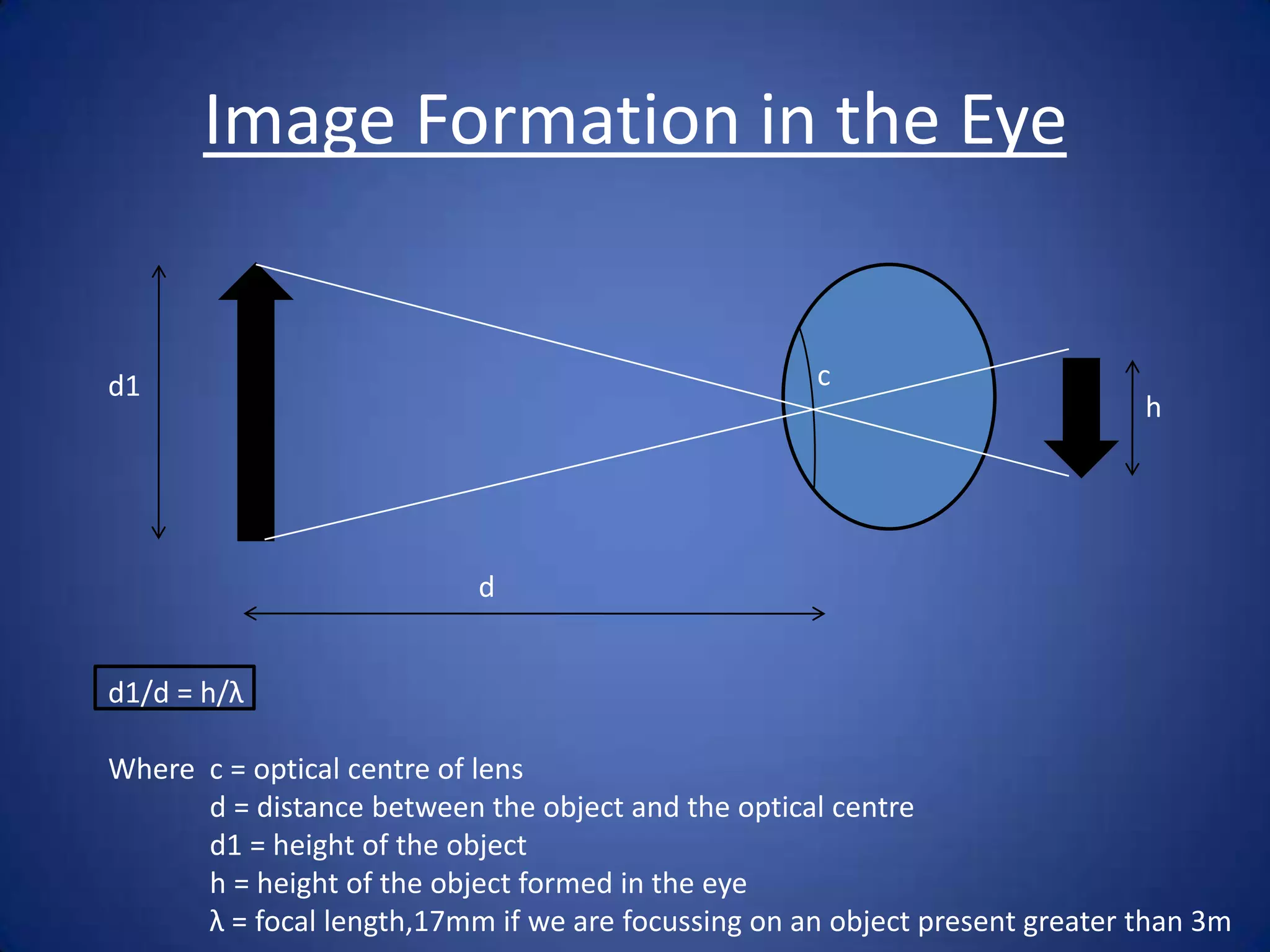 Image Formation in the Eye


d1                                                  c
                                                                             h




                           d


d1/d = h/λ

Where c = optical centre of lens
      d = distance between the object and the optical centre
      d1 = height of the object
      h = height of the object formed in the eye
      λ = focal length,17mm if we are focussing on an object present greater than 3m
 