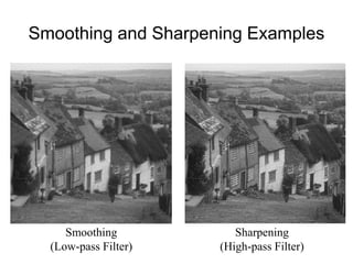 Smoothing and Sharpening Examples

Smoothing
(Low-pass Filter)

Sharpening
(High-pass Filter)

 