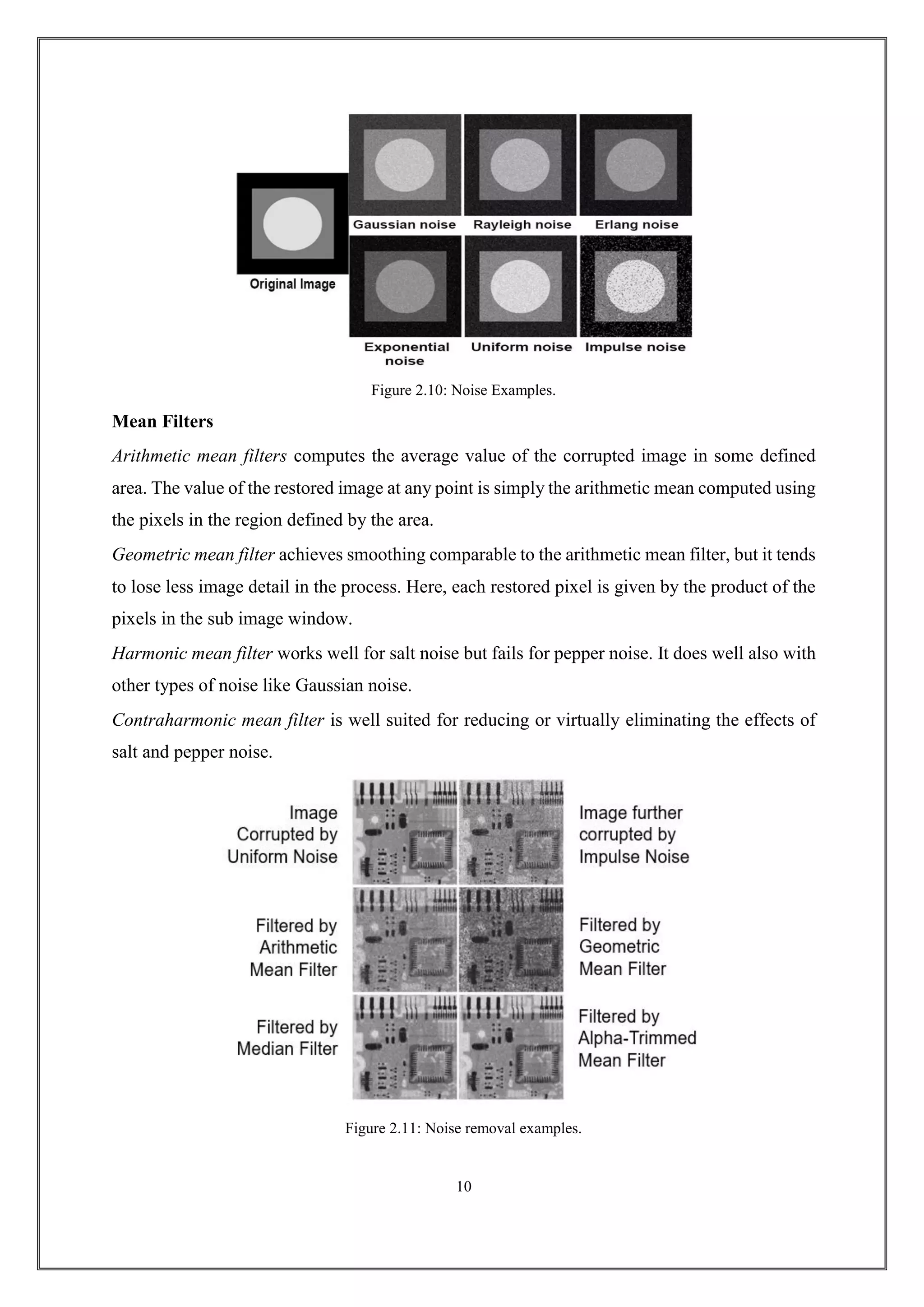Figure 2.10: Noise Examples.
Mean Filters
Arithmetic mean filters computes the average value of the corrupted image in some defined
area. The value of the restored image at any point is simply the arithmetic mean computed using
the pixels in the region defined by the area.
Geometric mean filter achieves smoothing comparable to the arithmetic mean filter, but it tends
to lose less image detail in the process. Here, each restored pixel is given by the product of the
pixels in the sub image window.
Harmonic mean filter works well for salt noise but fails for pepper noise. It does well also with
other types of noise like Gaussian noise.
Contraharmonic mean filter is well suited for reducing or virtually eliminating the effects of
salt and pepper noise.
Figure 2.11: Noise removal examples.
10
 
