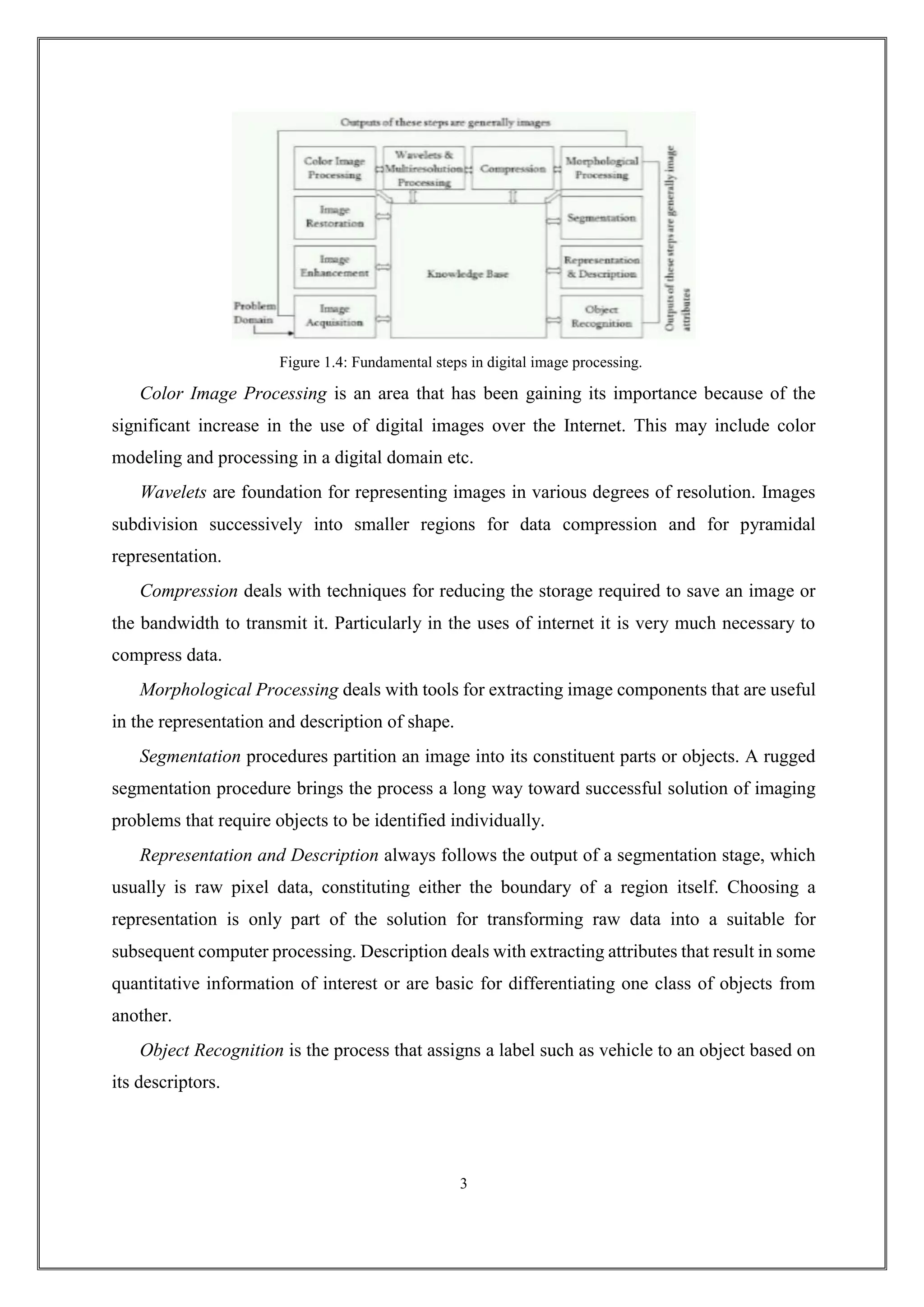 Figure 1.4: Fundamental steps in digital image processing.
Color Image Processing is an area that has been gaining its importance because of the
significant increase in the use of digital images over the Internet. This may include color
modeling and processing in a digital domain etc.
Wavelets are foundation for representing images in various degrees of resolution. Images
subdivision successively into smaller regions for data compression and for pyramidal
representation.
Compression deals with techniques for reducing the storage required to save an image or
the bandwidth to transmit it. Particularly in the uses of internet it is very much necessary to
compress data.
Morphological Processing deals with tools for extracting image components that are useful
in the representation and description of shape.
Segmentation procedures partition an image into its constituent parts or objects. A rugged
segmentation procedure brings the process a long way toward successful solution of imaging
problems that require objects to be identified individually.
Representation and Description always follows the output of a segmentation stage, which
usually is raw pixel data, constituting either the boundary of a region itself. Choosing a
representation is only part of the solution for transforming raw data into a suitable for
subsequent computer processing. Description deals with extracting attributes that result in some
quantitative information of interest or are basic for differentiating one class of objects from
another.
Object Recognition is the process that assigns a label such as vehicle to an object based on
its descriptors.
3
 