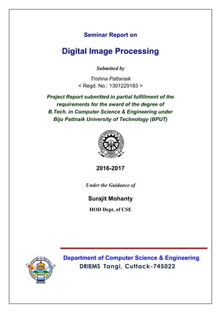 Seminar Report on
Digital Image Processing
Submitted by
Trishna Pattanaik
< Regd. No.: 1301229183 >
Project Report submitted in partial fulfillment of the
requirements for the award of the degree of
B.Tech. in Computer Science & Engineering under
Biju Pattnaik University of Technology (BPUT)
2016-2017
Under the Guidance of
Surajit Mohanty
HOD Dept. of CSE
Department of Computer Science & Engineering
DRIEMS Tangi, Cuttack-745022
 