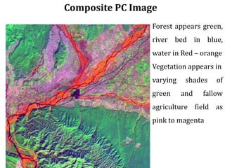 Composite PC Image
Forest appears green,
river bed in blue,
water in Red – orange
Vegetation appears in
varying shades of
green and fallow
agriculture field as
pink to magenta
 