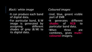 Black/ white image
It can produce each band
of digital data.
For particular band, B/W
image is generated by
assigning different
shades of grey (B/W) to
its digital data.
Coloured images
(red, blue, green) visible
part of EMR
It generates different
shades of RGB to
particular band data.
When three are
combines, gives multi-
coloured imagery.
 
