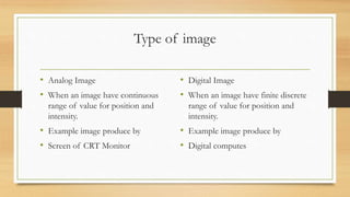 Type of image
• Analog Image
• When an image have continuous
range of value for position and
intensity.
• Example image produce by
• Screen of CRT Monitor
• Digital Image
• When an image have finite discrete
range of value for position and
intensity.
• Example image produce by
• Digital computes
 