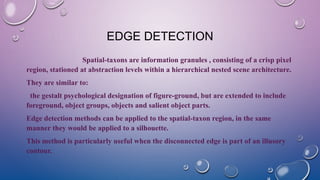 EDGE DETECTION
Spatial-taxons are information granules , consisting of a crisp pixel
region, stationed at abstraction levels within a hierarchical nested scene architecture.
They are similar to:
the gestalt psychological designation of figure-ground, but are extended to include
foreground, object groups, objects and salient object parts.
Edge detection methods can be applied to the spatial-taxon region, in the same
manner they would be applied to a silhouette.
This method is particularly useful when the disconnected edge is part of an illusory
contour..
 