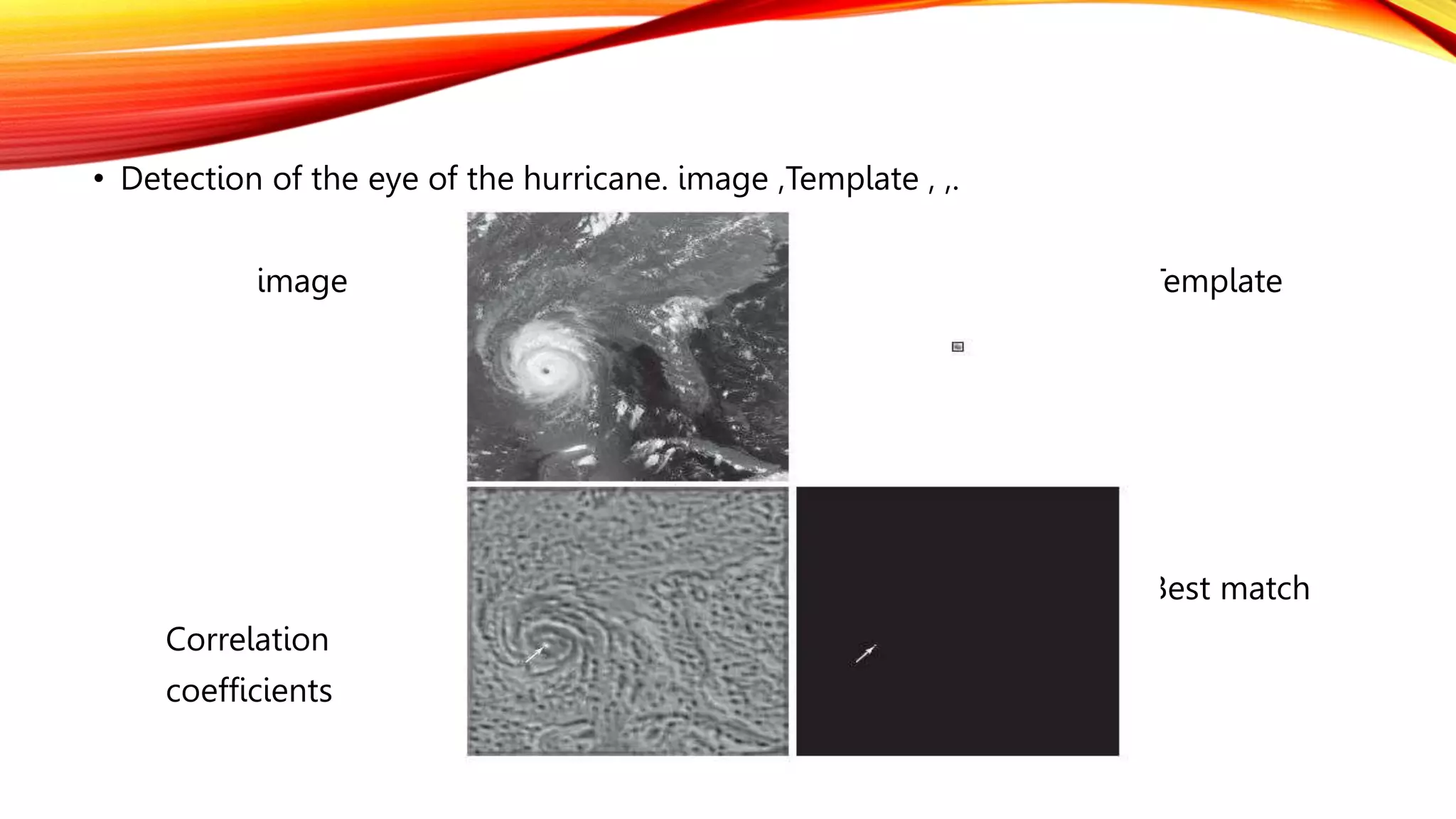 • Detection of the eye of the hurricane. image ,Template , ,.
image Template
Best match
Correlation
coefficients
 