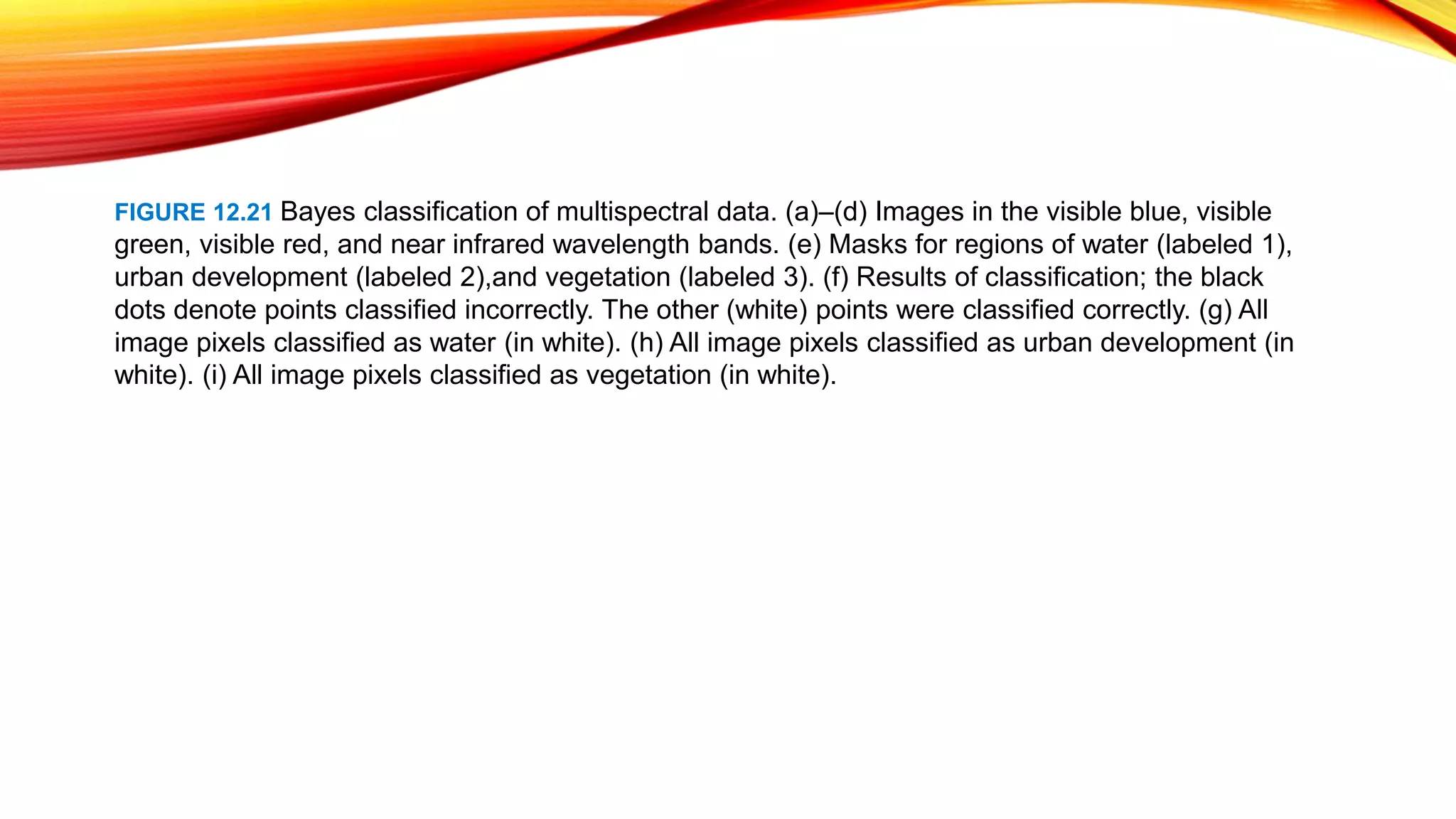 FIGURE 12.21 Bayes classification of multispectral data. (a)–(d) Images in the visible blue, visible
green, visible red, and near infrared wavelength bands. (e) Masks for regions of water (labeled 1),
urban development (labeled 2),and vegetation (labeled 3). (f) Results of classification; the black
dots denote points classified incorrectly. The other (white) points were classified correctly. (g) All
image pixels classified as water (in white). (h) All image pixels classified as urban development (in
white). (i) All image pixels classified as vegetation (in white).
 
