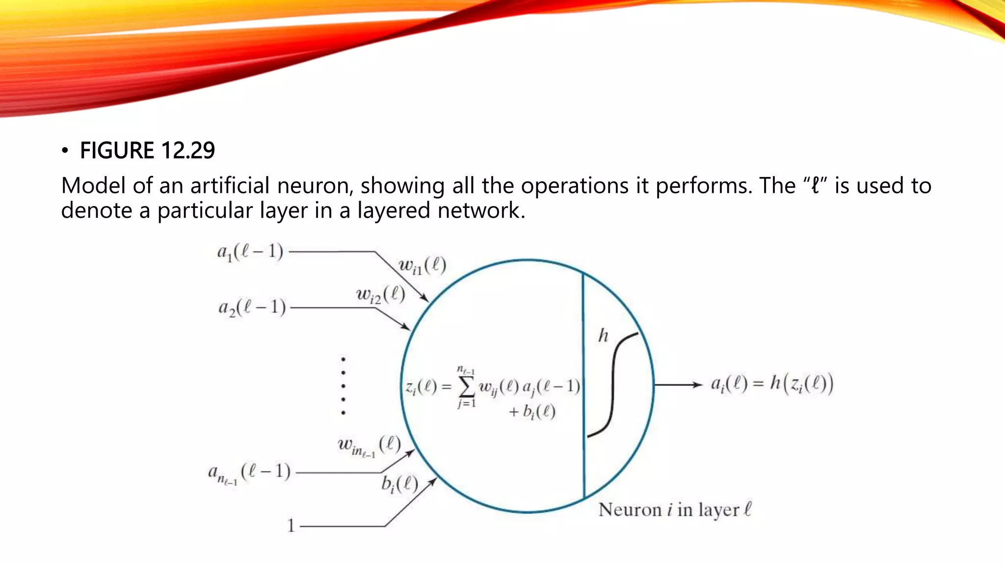 • FIGURE 12.29
Model of an artificial neuron, showing all the operations it performs. The “ℓ” is used to
denote a particular layer in a layered network.
 