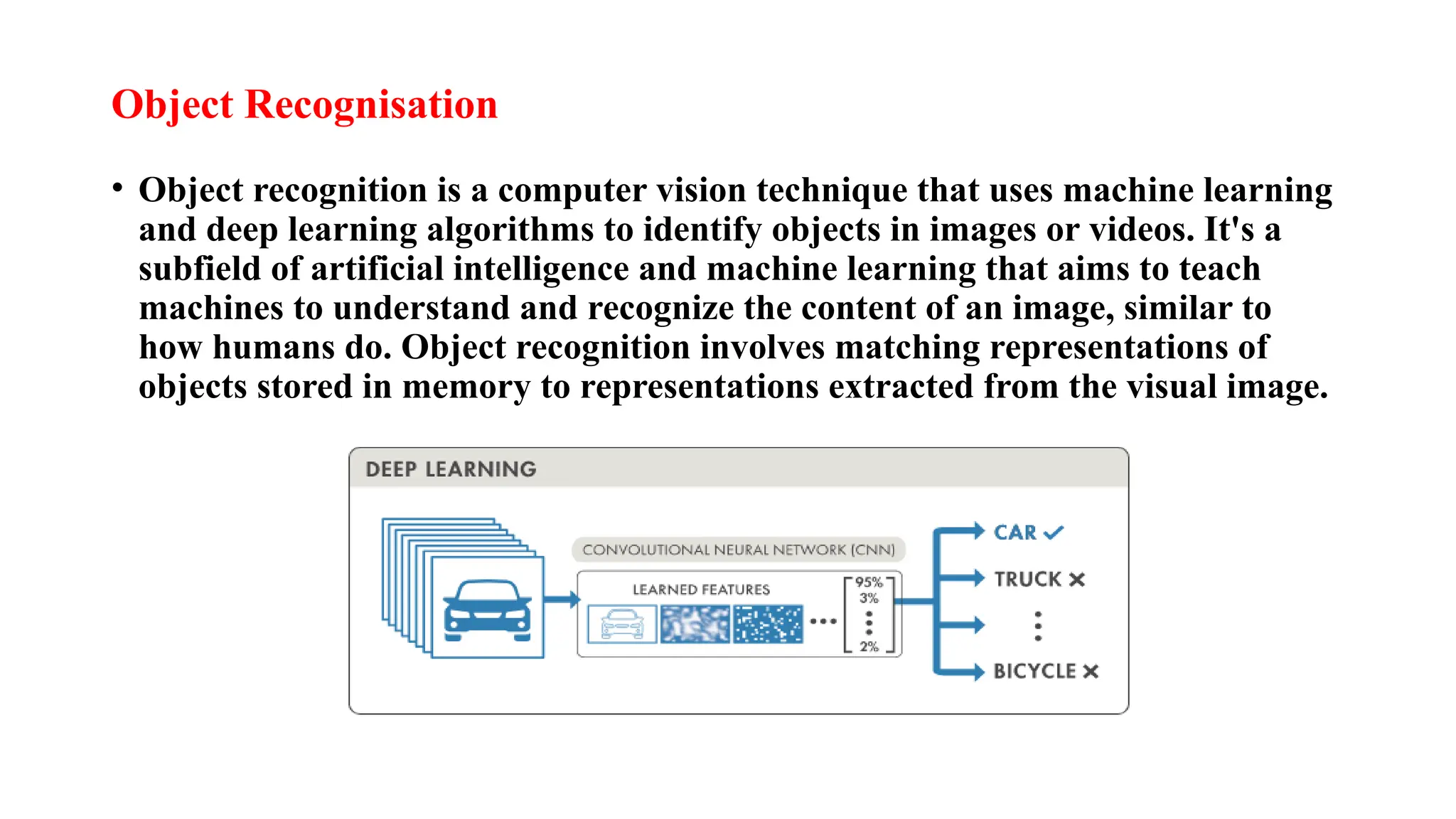Object Recognisation
• Object recognition is a computer vision technique that uses machine learning
and deep learning algorithms to identify objects in images or videos. It's a
subfield of artificial intelligence and machine learning that aims to teach
machines to understand and recognize the content of an image, similar to
how humans do. Object recognition involves matching representations of
objects stored in memory to representations extracted from the visual image.
 