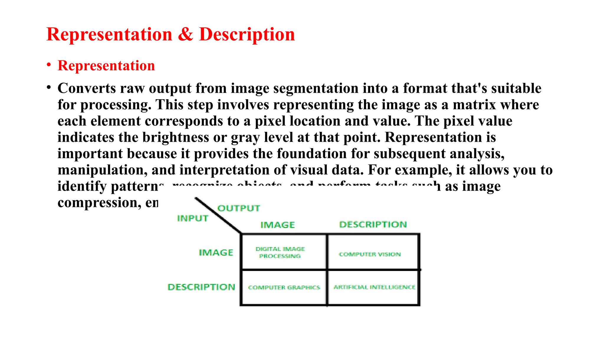 Representation & Description
• Representation
• Converts raw output from image segmentation into a format that's suitable
for processing. This step involves representing the image as a matrix where
each element corresponds to a pixel location and value. The pixel value
indicates the brightness or gray level at that point. Representation is
important because it provides the foundation for subsequent analysis,
manipulation, and interpretation of visual data. For example, it allows you to
identify patterns, recognize objects, and perform tasks such as image
compression, enhancement, and segmentation.
 