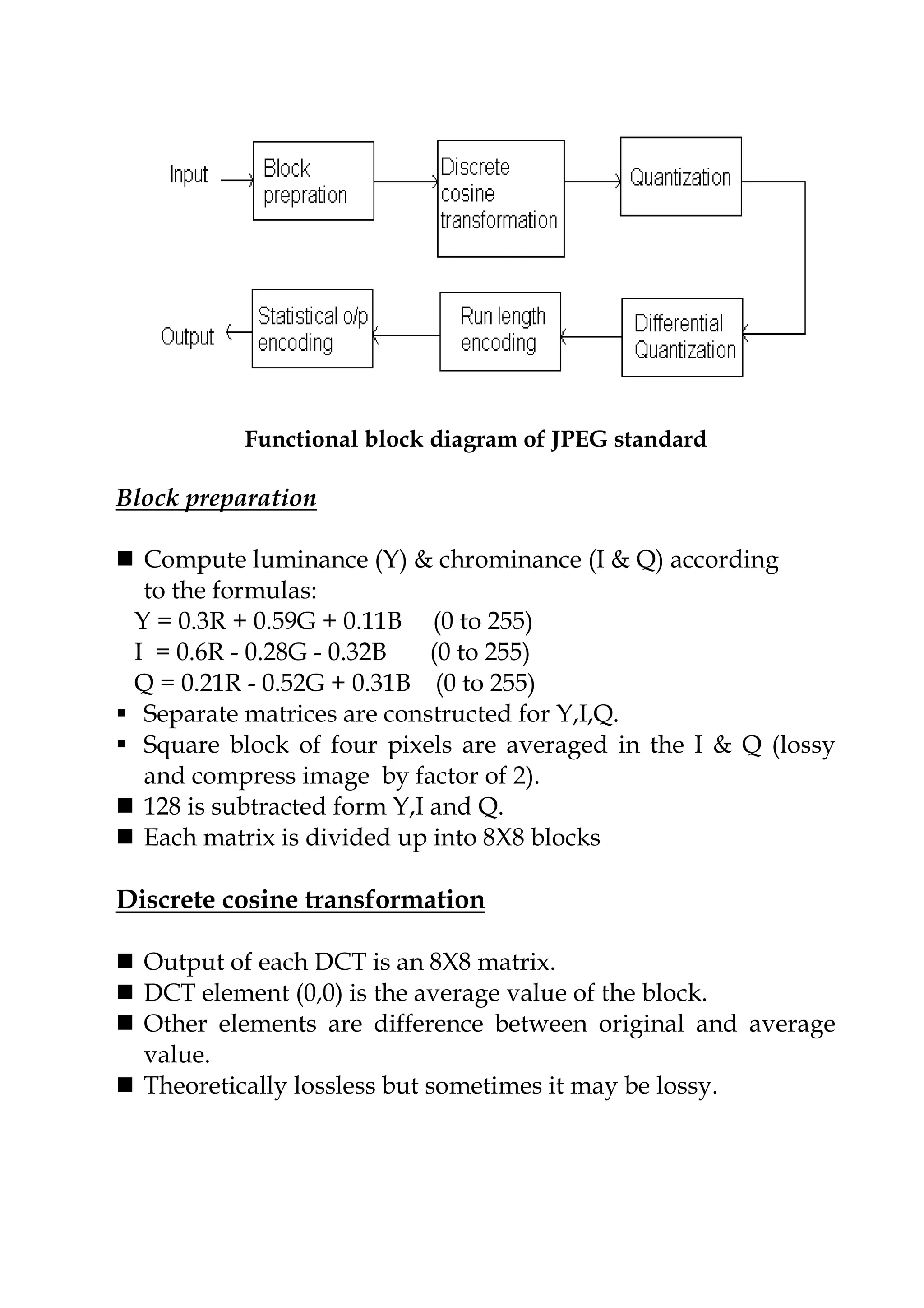 Functional block diagram of JPEG standard
Block preparation
 Compute luminance (Y) & chrominance (I & Q) according
to the formulas:
Y = 0.3R + 0.59G + 0.11B (0 to 255)
I = 0.6R - 0.28G - 0.32B (0 to 255)
Q = 0.21R - 0.52G + 0.31B (0 to 255)
 Separate matrices are constructed for Y,I,Q.
 Square block of four pixels are averaged in the I & Q (lossy
and compress image by factor of 2).
 128 is subtracted form Y,I and Q.
 Each matrix is divided up into 8X8 blocks
Discrete cosine transformation
 Output of each DCT is an 8X8 matrix.
 DCT element (0,0) is the average value of the block.
 Other elements are difference between original and average
value.
 Theoretically lossless but sometimes it may be lossy.
 