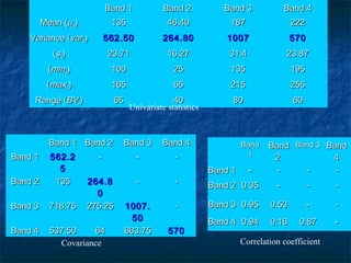 Band 1Band 1 Band 2Band 2 Band 3Band 3 Band 4Band 4
Mean (Mean (µµkk)) 135135 46.4046.40 187187 222222
Variance (Variance (varvarkk)) 562.50562.50 264.80264.80 10071007 570570
((sskk)) 23.7123.71 16.2716.27 31.431.4 23.8723.87
((minminkk)) 100100 2525 135135 195195
((maxmaxkk)) 165165 6565 215215 255255
Range (Range (BVBVrr)) 6565 4040 8080 6060
Band 1Band 1 Band 2Band 2 Band 3Band 3 Band 4Band 4
Band 1Band 1 562.2562.2
55
-- -- --
Band 2Band 2 135135 264.8264.8
00
-- --
Band 3Band 3 718.75718.75 275.25275.25 1007.1007.
5050
--
Band 4Band 4 537.50537.50 6464 663.75663.75 570570
Univariate statistics
covariance
BandBand
11
BandBand
22
Band 3Band 3 BandBand
44
Band 1Band 1 -- -- -- --
Band 2Band 2 0.350.35 -- -- --
Band 3Band 3 0.950.95 0.530.53 -- --
Band 4Band 4 0.940.94 0.160.16 0.870.87 --
Covariance Correlation coefficient
 
