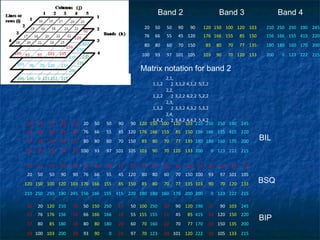 120 150 100 120 103
176 166 155 85 150
85 80 70 77 135
103 90 70 120 133
20 50 50 90 90
76 66 55 45 120
80 80 60 70 150
100 93 97 101 105
210 250 250 190 245
156 166 155 415 220
180 180 160 170 200
200 0 123 222 215
Band 2 Band 3 Band 4
1,1,2
2,1,
2 3,1,2 4,1,2 5,1,2
1,2,2
2,2,
2 3,2,2 4,2,2 5,2,2
1,3,2
2,3,
2 3,3,2 4,3,2 5,3,2
1,4,2
2,4,
2 3,4,2 4,4,2 5,4,2
Matrix notation for band 2
10 15 17 20 21
15 16 18 21 23
17 18 20 22 22
18 20 22 24 25
20 50 50 90 90
76 66 55 45 120
80 80 60 70 150
100 93 97 101 105
120 150 100 120 103
176 166 155 85 150
85 80 70 77 135
103 90 70 120 133
210 250 250 190 245
156 166 155 415 220
180 180 160 170 200
200 0 123 222 215
BIL
10 15 17 20 21
20 50 50 90 90
120 150 100 120 103
210 250 250 190 245
15 16 18 21 23
76 66 55 45 120
176 166 155 85 150
156 166 155 415 220
17 18 20 22 22
80 80 60 70 150
85 80 70 77 135
180 180 160 170 200
18 20 22 24 25
100 93 97 101 105
103 90 70 120 133
200 0 123 222 215
BSQ
10 20 120 210 15
15 76 176 156 16
17 80 85 180 18
18 100 103 200 20
50 150 250 17 50
66 166 166 18 55
80 80 180 20 60
93 90 0 22 97
100 250 20 90 120
155 155 21 45 85
70 160 22 70 77
70 123 24 101 120
190 21 90 103 245
415 23 120 150 220
170 22 150 135 200
222 25 105 133 215
BIP
 