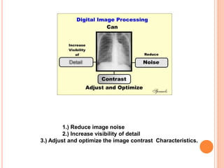 1.) Reduce image noise
2.) Increase visibility of detail
3.) Adjust and optimize the image contrast Characteristics.
 