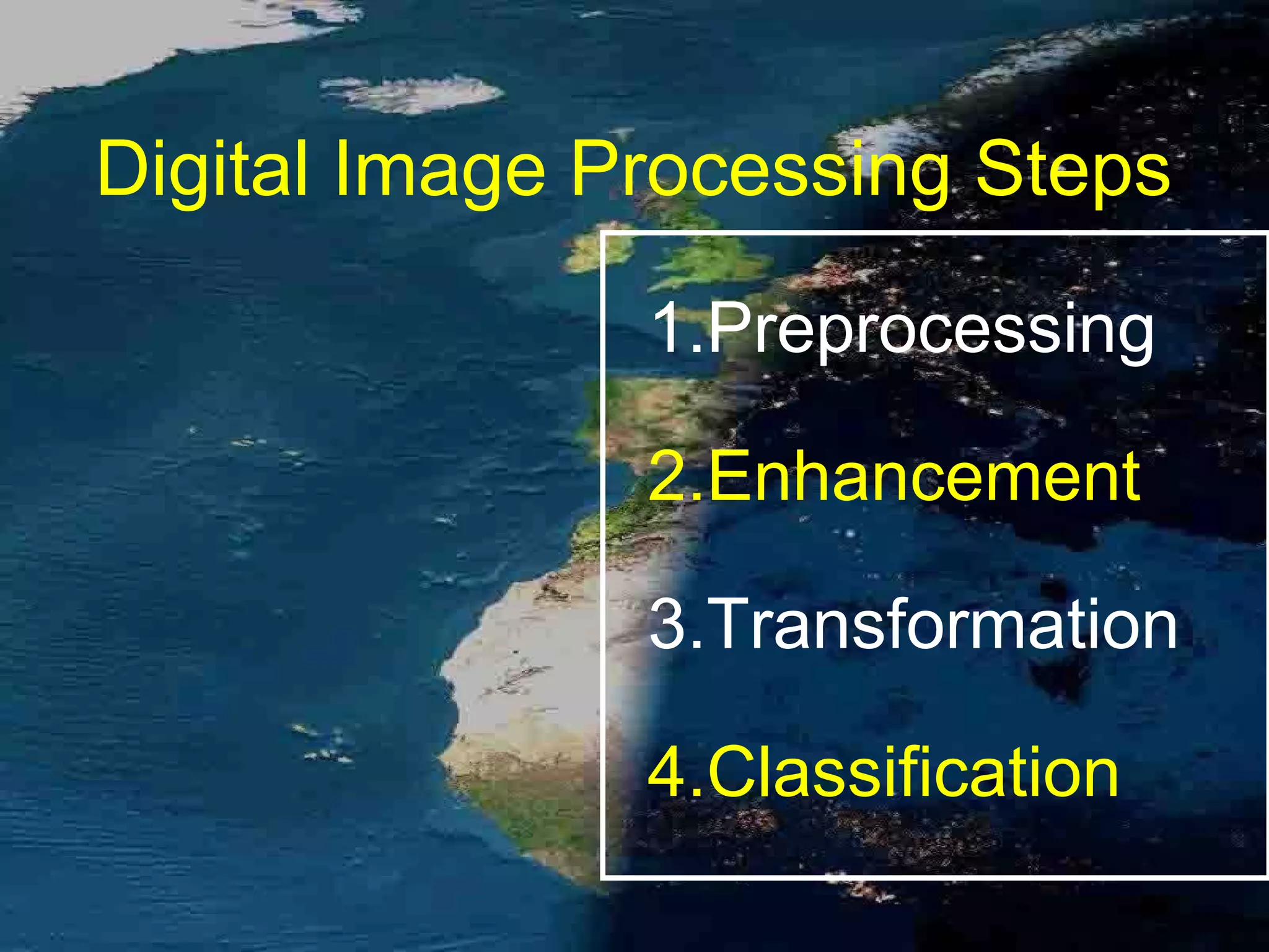 Digital Image Processing Steps 1.Preprocessing 2.Enhancement 3.Transformation 4.Classification 