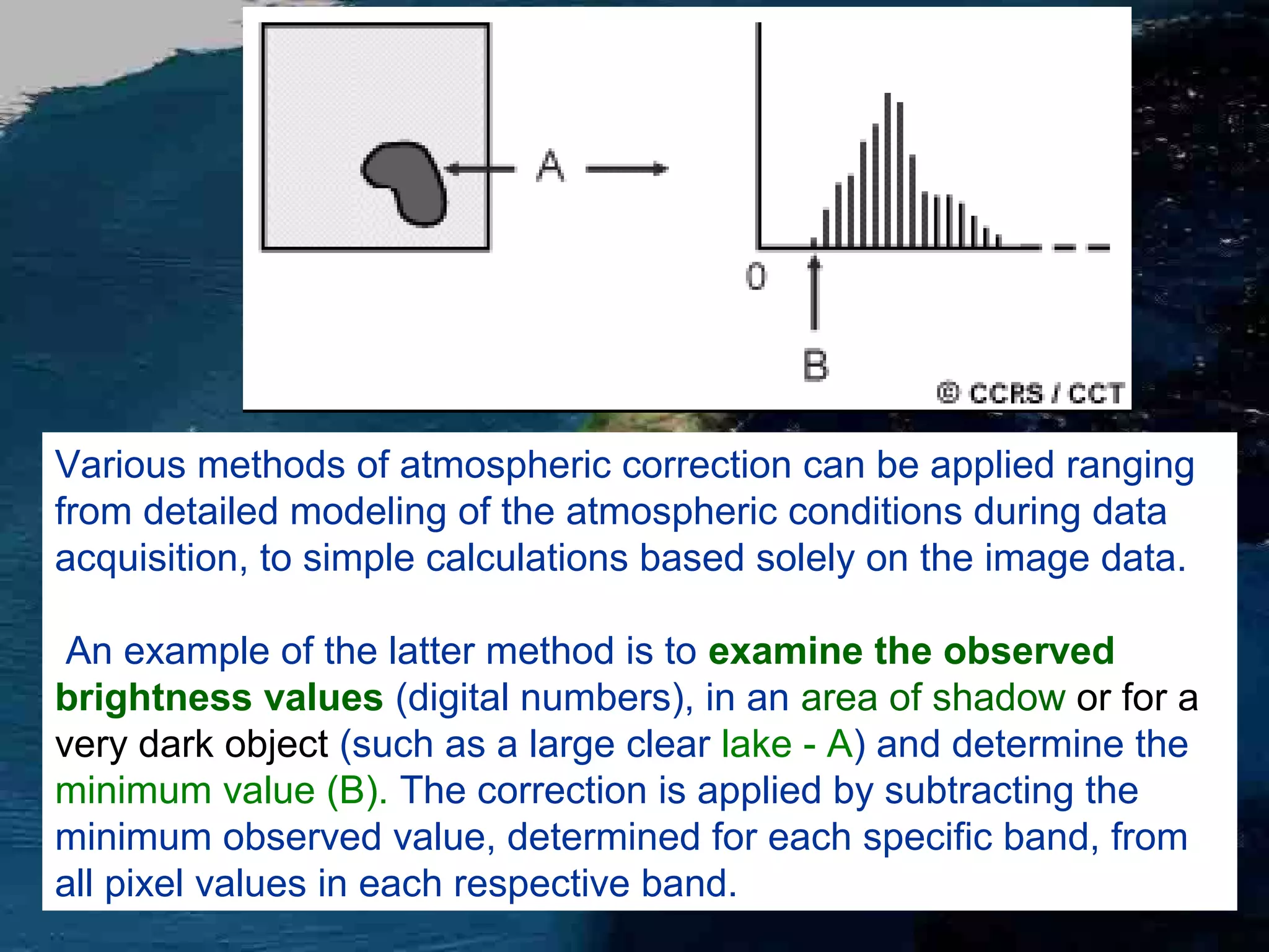 Various methods of atmospheric correction can be applied ranging from detailed modeling of the atmospheric conditions during data acquisition, to simple calculations based solely on the image data. An example of the latter method is to examine the observed brightness values (digital numbers), in an area of shadow or for a very dark object (such as a large clear lake - A) and determine the minimum value (B). The correction is applied by subtracting the minimum observed value, determined for each specific band, from all pixel values in each respective band. 