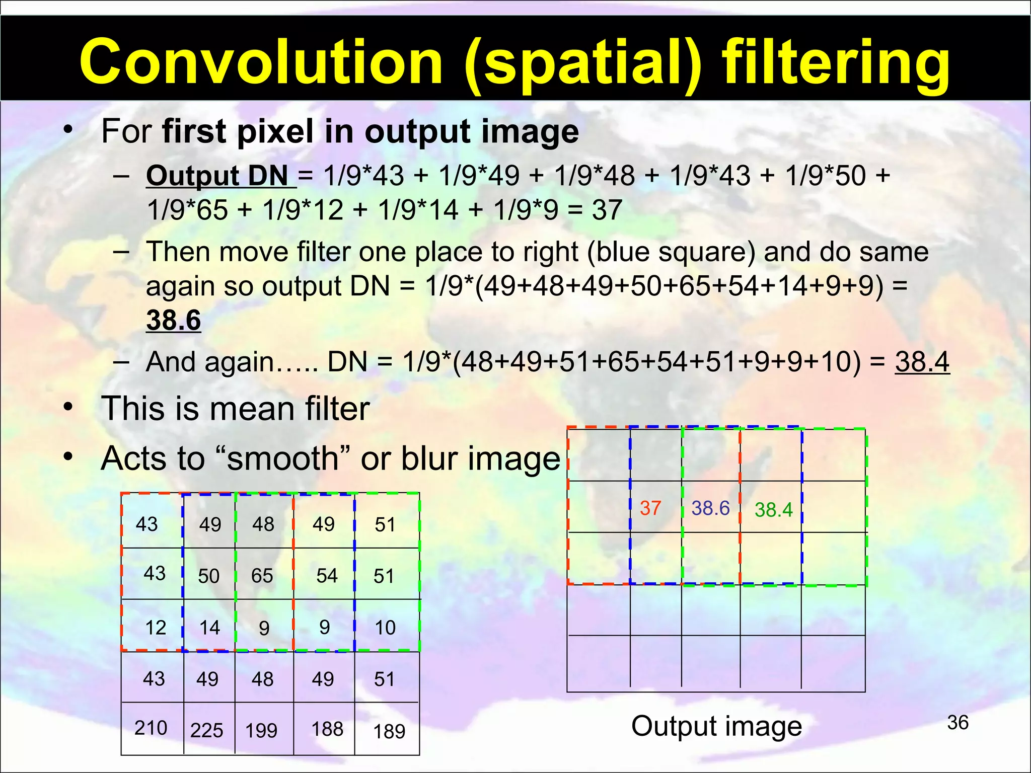 Convolution (spatial) filtering • For first pixel in output image – Output DN = 1/9*43 + 1/9*49 + 1/9*48 + 1/9*43 + 1/9*50 + 1/9*65 + 1/9*12 + 1/9*14 + 1/9*9 = 37 – Then move filter one place to right (blue square) and do same again so output DN = 1/9*(49+48+49+50+65+54+14+9+9) = 38.6 – And again….. DN = 1/9*(48+49+51+65+54+51+9+9+10) = 38.4 • This is mean filter • Acts to “smooth” or blur image 43 49 48 49 51 43 50 65 54 14 9 9 49 48 49 51 210 225 199 188 189 38.4 10 43 38.6 51 12 37 Output image 36 