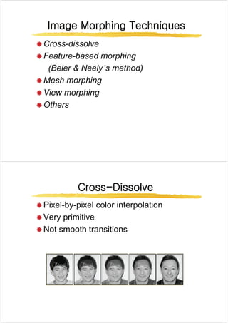 Image Morphing Techniques
Image Morphing Techniques
Image Morphing Techniques
Image Morphing Techniques
Æ Cross-dissolve
Æ Cross dissolve
Æ Feature-based morphing
(Beier & Neely’s method)
Æ Mesh morphing
Æ Mesh morphing
Æ View morphing
Æ Others
Cross
Cross-
-Dissolve
Dissolve
Cross
Cross Dissolve
Dissolve
Æ Pixel-by-pixel color interpolation
Æ Pixel by pixel color interpolation
Æ Very primitive
Æ Not smooth transitions
 