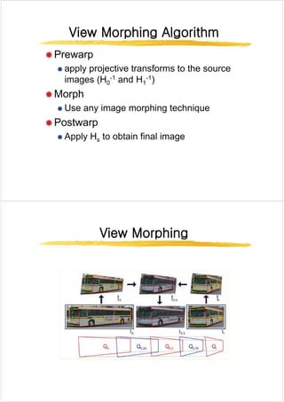 View Morphing Algorithm
View Morphing Algorithm
View Morphing Algorithm
View Morphing Algorithm
Æ Prewarp
Æ Prewarp
Æ apply projective transforms to the source
images (H -1 and H -1)
images (H0
-1 and H1
-1)
Æ Morph
Æ Use any image morphing technique
Æ Postwarp
Æ Postwarp
Æ Apply Hs to obtain final image
View Morphing
View Morphing
View Morphing
View Morphing
 