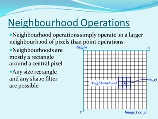 Neighbourhood Operations
Neighbourhood operations simply operate on a larger
neighbourhood of pixels than point operations
                          Origin                                  x
Neighbourhoods are
mostly a rectangle
around a central pixel
Any size rectangle
and any shape filter                                              (x, y)
                                 Neighbourhood
are possible



                            y                    Image f (x, y)
 