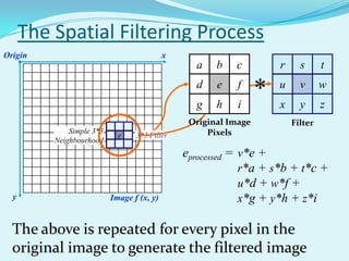 The Spatial Filtering Process
Origin                                      x
                                                  a    b   c          r     s      t
                                                  d
                                                  g
                                                       e
                                                       h
                                                            f
                                                            i
                                                                  *   u
                                                                      x
                                                                            v
                                                                            y
                                                                                   w
                                                                                   z
                                                 Original Image           Filter
              Simple 3*3                             Pixels
                             e    3*3 Filter
          Neighbourhood
                                                eprocessed = v*e +
                                                             r*a + s*b + t*c +
                                                             u*d + w*f +
  y                        Image f (x, y)                    x*g + y*h + z*i

  The above is repeated for every pixel in the
  original image to generate the filtered image
 