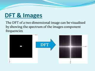 DFT & Images
The DFT of a two dimensional image can be visualised
by showing the spectrum of the images component
frequencies



                      DFT
 