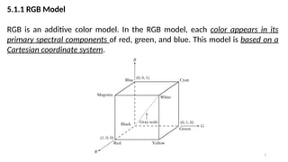 3
5.1.1 RGB Model
RGB is an additive color model. In the RGB model, each color appears in its
primary spectral components of red, green, and blue. This model is based on a
Cartesian coordinate system.
 