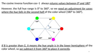 30
The cosine inverse function cos⁡
−1 always returns values between 0° and 180°
However, the full hue range is 0° to 360°, so we need an adjustment for cases
where the hue falls in the second half of the color wheel (180° to 360°).
If B is greater than G, it means the hue angle is in the lower hemisphere of the
color wheel, so we subtract it from 360° to place it correctly.
 