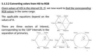 32
5.1.3.2 Converting colors from HSI to RGB
Given values of HSI in the interval [0, 1], we now want to find the corresponding
RGB values in the same range.
The applicable equations depend on the
values of H.
There are three sectors of interest,
corresponding to the 120° intervals in the
separation of primaries.
 
