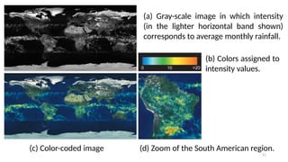 51
(a) Gray-scale image in which intensity
(in the lighter horizontal band shown)
corresponds to average monthly rainfall.
(b) Colors assigned to
intensity values.
(c) Color-coded image (d) Zoom of the South American region.
 