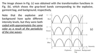 63
The image shown in Fig. (c) was obtained with the transformation functions in
Fig. (b), which shows the gray-level bands corresponding to the explosive,
garment bag, and background, respectively.
Note that the explosive and
background have quite different
intensity levels, but they were both
coded with approximately the same
color as a result of the periodicity
of the sine waves.
(c)
 