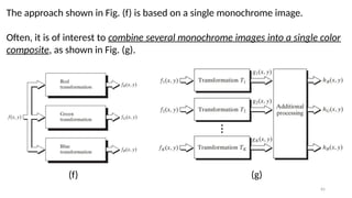 65
The approach shown in Fig. (f) is based on a single monochrome image.
Often, it is of interest to combine several monochrome images into a single color
composite, as shown in Fig. (g).
(f) (g)
 