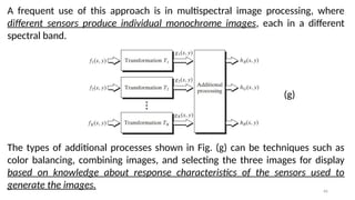 66
A frequent use of this approach is in multispectral image processing, where
different sensors produce individual monochrome images, each in a different
spectral band.
The types of additional processes shown in Fig. (g) can be techniques such as
color balancing, combining images, and selecting the three images for display
based on knowledge about response characteristics of the sensors used to
generate the images.
(g)
 