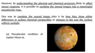 73
However, by understanding the physical and chemical processes likely to affect
sensor response, it is possible to combine the sensed images into a meaningful
pseudocolor map.
One way to combine the sensed image data is by how they show either
differences in surface chemical composition or changes in the way the surface
reflects sunlight.
(a) Pseudocolor rendition of
Jupiter Moon Io.
 