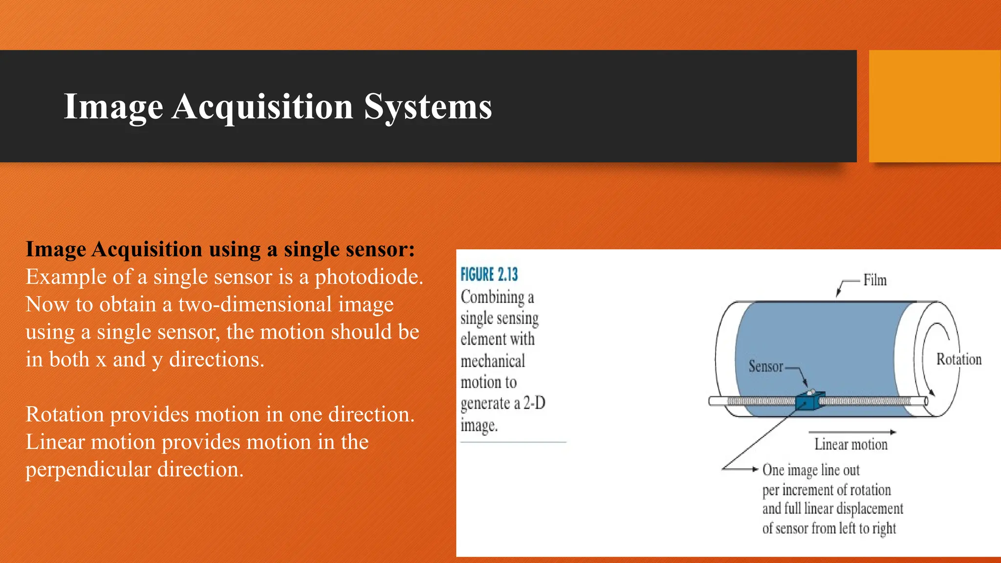 Image Acquisition using a single sensor:
Example of a single sensor is a photodiode.
Now to obtain a two-dimensional image
using a single sensor, the motion should be
in both x and y directions.
Rotation provides motion in one direction.
Linear motion provides motion in the
perpendicular direction.
Image Acquisition Systems
 