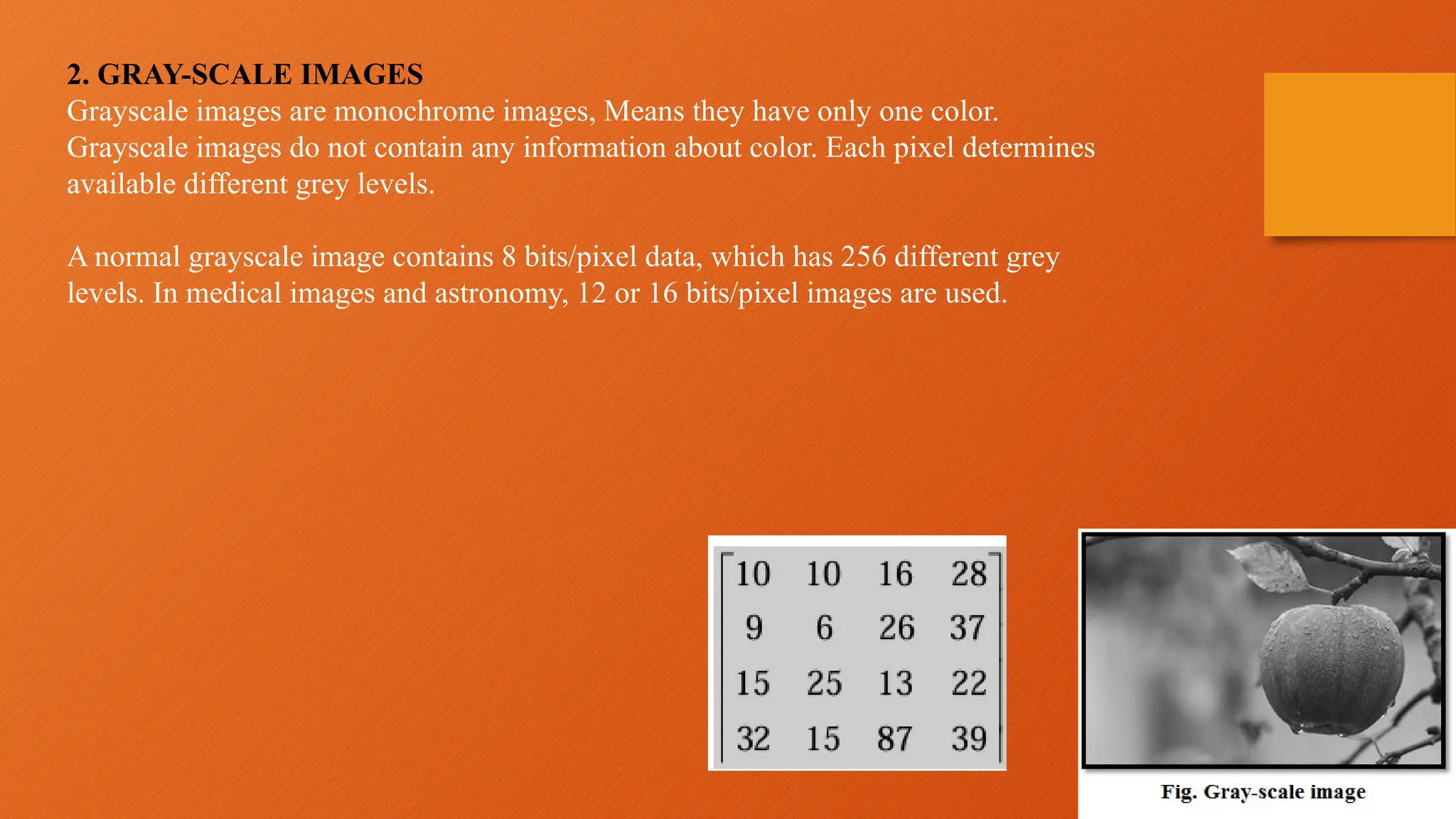 2. GRAY-SCALE IMAGES
Grayscale images are monochrome images, Means they have only one color.
Grayscale images do not contain any information about color. Each pixel determines
available different grey levels.
A normal grayscale image contains 8 bits/pixel data, which has 256 different grey
levels. In medical images and astronomy, 12 or 16 bits/pixel images are used.
 