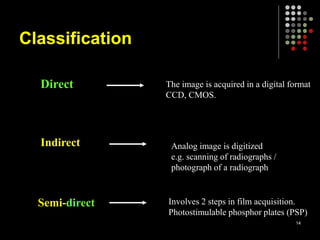 Classification
Direct
Indirect
The image is acquired in a digital format
CCD, CMOS.
Analog image is digitized
e.g. scanning of radiographs /
photograph of a radiograph
Semi-direct Involves 2 steps in film acquisition.
Photostimulable phosphor plates (PSP)
14
 
