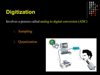 Digitization
Involves a process called analog to digital conversion (ADC)
1. Sampling
2. Quantization
22
 