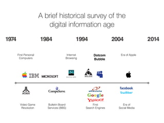 A brief historical survey of the 
digital information age 
1974 1984 1994 2004 2014 
First Personal 
Computers 
Internet Era of Apple 
Browsing 
Bulletin Board 
Services (BBS) 
Video Game 
Revolution 
Dotcom 
Bubble 
Era of 
Social Media 
First 
Search Engines 
 