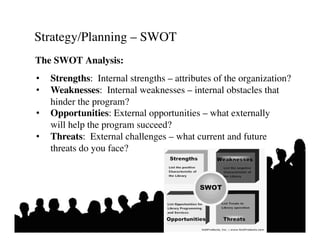 Strategy/Planning – SWOT	

The SWOT Analysis:	

•     Strengths: Internal strengths – attributes of the organization?	

•     Weaknesses: Internal weaknesses – internal obstacles that 	

   	

hinder the program?	

•  Opportunities: External opportunities – what externally 	

   	

will help the program succeed?	

•  Threats: External challenges – what current and future	

   	

threats do you face? 	

 