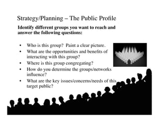 Strategy/Planning – The Public Proﬁle	

Identify different groups you want to reach and
answer the following questions:	


•    Who is this group? Paint a clear picture.	

•    What are the opportunities and beneﬁts of
     interacting with this group?	

•    Where is this group congregating?	

•    How do you determine the groups/networks
     inﬂuence?	

•    What are the key issues/concerns/needs of this
     target public?	

 