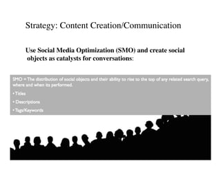 Strategy: Content Creation/Communication 	


Use Social Media Optimization (SMO) and create social
objects as catalysts for conversations:	

 