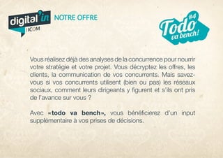 Vous réalisez déjà des analyses de la concurrence pour nourrir
votre stratégie et votre projet. Vous décryptez les offres, les
clients, la communication de vos concurrents. Mais savez-
vous si vos concurrents utilisent (bien ou pas) les réseaux
sociaux, comment leurs dirigeants y figurent et s’ils ont pris
de l’avance sur vous ?
Avec « todo va bench », vous bénéficierez d’un input
supplémentaire à vos prises de décisions.
#1
ou jamais
va bench!
#5
veille
#3
LinkedIn
Twitter
Arrêt Viadeo
tez
Todo
#4
digital in
par
NOTRE OFFRE
 