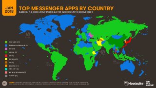 60
TOP MESSENGER APPS BY COUNTRYJAN
2018 BASED ON THE GOOGLE PLAY STORE RANK FOR EACH COUNTRY IN DECEMBER 2017
SOURCE: SIMILARWEB, JANUARY 2018, BASED ON THE GOOGLE PLAY APP STORE RANK FOR DECEMBER 2017. FIGURES IN PARENTHESES
IN THE LEGEND REPRESENT THE NUMBER OF COUNTRIES / TERRITORIES IN WHICH EACH PLATFORM IS THE TOP-RANKED MESSENGER APP.
WHATSAPP (128)
FACEBOOK MESSENGER (72)
VIBER (10)
WECHAT (3)
LINE (3)
TELEGRAM (3)
IMO (3)
KAKAOTALK (1)
HANGOUTS (1)
ANDROID MESSENGER (1)
NO DATA (14)
 