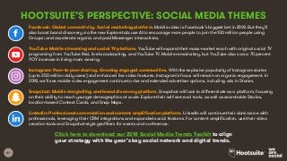 81
HOOTSUITE’S PERSPECTIVE: SOCIAL MEDIA THEMES
Click here to download our 2018 Social Media Trends Toolkit to align
your strategy with the year’s key social network and digital trends.
Facebook: Global connectivity. Social marketing platform. Mobile video is Facebook’s biggest bet in 2018. But they’ll
also boost brand discovery via the new Explore tab; use AI to encourage more people to join the 100 million people using
Groups; and accelerate organic and paid Messenger interactions.
YouTube: Mobile streaming and social TV platform. YouTube will expand their mass-market reach with original social TV
programing from YouTube Red, live broadcasting, and YouTube TV. Mobile remains key, but YouTube also saw a 70 percent
YOY increase in living room viewing.
Instagram: Peer-to-peer sharing. Growing engaged communities. With the explosive popularity of Instagram stories
(up to 250 million daily users) and enhanced live video features, Instagram’s focus will remain on organic engagement. In
2018, we’ll see mobile video engagement continue to rise and extended advertiser options, including ads in Stories.
Snapchat: Mobile storytelling and brand discovery platform. Snapchat will look to differentiate as a platform, focusing
on their ability to reach younger demographics at scale. Explore their self-serve ad tools, as well as searchable Stories,
location-based Context Cards, and Snap Maps.
LinkedIn: Professional conversation and content amplification platform. LinkedIn will continue their dominance with
professionals, leveraging their CRM integrations and expanded social features. For content amplification, use their video
creation tools and Snapchat-style geofilters for events and conference.
 
