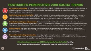 10
HOOTSUITE’S PERSPECTIVE: 2018 SOCIAL TRENDS
The evolution of social ROI. It's the end of the road for vanity metrics. Expect to see more organisations evolve their metrics
as they look to quantify social’s contribution to tangible business challenges such as lowering costs, increasing revenue,
mitigating risk, and attracting talent.
Mobile fuels the growth of social TV. In 2018, social networks will encourage brands to become broadcasters as mobile
video and social-TV content take the spotlight. We advise caution here as the metrics that bump the stock price of social
networks—such as mobile video views—might not help your organisation achieve your own business outcomes.
Trust declines, while peer influence rises. From Trump’s tumultuous triumph over traditional media to the fake news
phenomenon, we saw a shift in media culture in 2017. It’s clear we’re moving away from trusting traditional institutions—and
moving towards smaller spheres of influence where customer communities and engaged employees matter more than ever.
Humans, meet AI. The machines have risen. And marketers have discovered they can be delightfully useful. But while
marketers rush ahead with chatbots and AI-generated content, it’s still unclear whether customers will value these human-
less engagements.
The promise (and reality) of social data. From tying together analytics systems to CRM integrations, marketers
underestimated the complexity of social data initiatives. Organisations must recalculate the effort and resources needed to
turn social data into a true—and unified—source of customer insights.
Click here to download our 2018 Social Media Trends Toolkit to align
your strategy with the year’s key social network and digital trends.
 