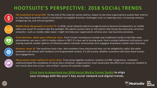 11
HOOTSUITE’S PERSPECTIVE: 2018 SOCIAL TRENDS
The evolution of social ROI. It's the end of the road for vanity metrics. Expect to see more organisations evolve their metrics
as they look to quantify social’s contribution to tangible business challenges such as lowering costs, increasing revenue,
mitigating risk, and attracting talent.
Mobile fuels the growth of social TV. In 2018, social networks will encourage brands to become broadcasters as mobile
video and social-TV content take the spotlight. We advise caution here as the metrics that bump the stock price of social
networks—such as mobile video views—might not help your organisation achieve your own businessoutcomes.
Trust declines, while peer influence rises. From Trump’s tumultuous triumph over traditional media to the fake news
phenomenon, we saw a shift in media culture in 2017. It’s clear we’re moving away from trusting traditional institutions—and
moving towards smaller spheres of influence where customer communities and engaged employees matter more than ever.
Humans, meet AI. The machines have risen. And marketers have discovered they can be delightfully useful. But while
marketers rush ahead with chatbots and AI-generated content, it’s still unclear whether customers will value these human-
less engagements.
The promise (and reality) of social data. From tying together analytics systems to CRM integrations, marketers
underestimated the complexity of social data initiatives. Organisations must recalculate the effort and resources needed to
turn social data into a true—and unified—source of customer insights.
Click here to download our 2018 Social Media Trends Toolkit to align
your strategy with the year’s key social network and digital trends.
 