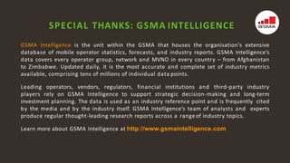 4
GSMA Intelligence is the unit within the GSMA that houses the organisation’s extensive
database of mobile operator statistics, forecasts, and industry reports. GSMA Intelligence’s
data covers every operator group, network and MVNO in every country – from Afghanistan
to Zimbabwe. Updated daily, it is the most accurate and complete set of industry metrics
available, comprising tens of millions of individual data points.
Leading operators, vendors, regulators, financial institutions and third-party industry
players rely on GSMA Intelligence to support strategic decision-making and long-term
investment planning. The data is used as an industry reference point and is frequently cited
by the media and by the industry itself. GSMA Intelligence’s team of analysts and experts
produce regular thought-leading research reports across a rangeof industry topics.
Learn more about GSMA Intelligence at http://www.gsmaintelligence.com
SPECIAL THANKS: GSMA INTELLIGENCE
 